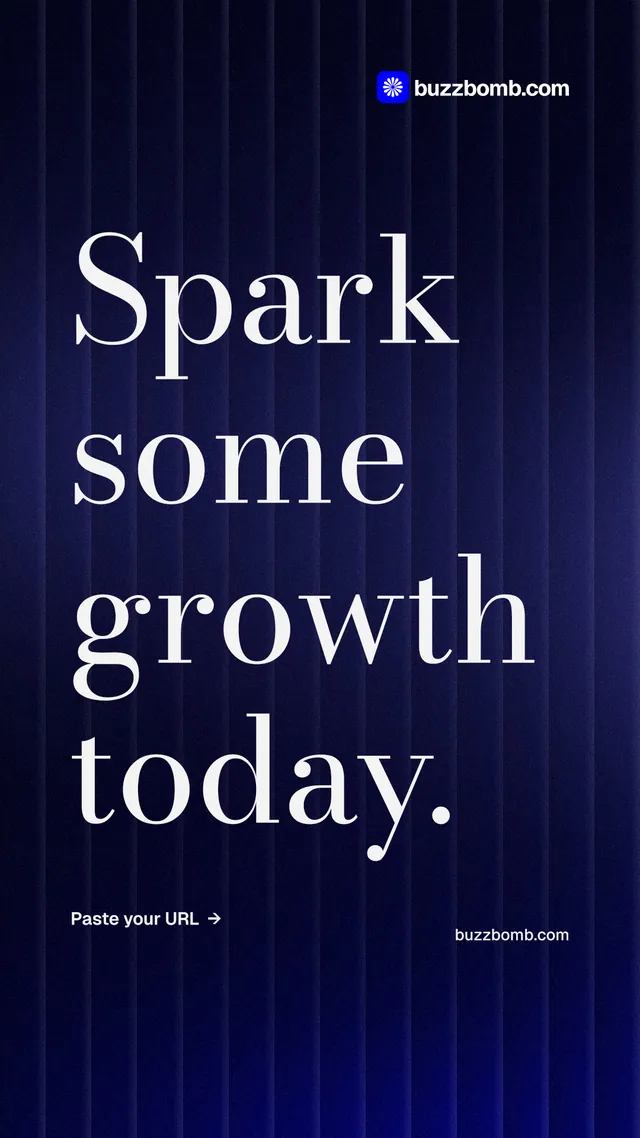 Instagram story for BuzzBomb: "Spark some growth today." Minimal luxury style, poster layout, dark palette in black, blue, grey.