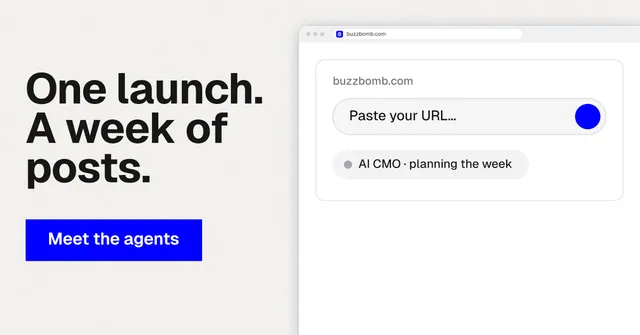 Social ad for BuzzBomb: "One launch. A week of posts." Swiss style, browser layout, light palette in white, blue.