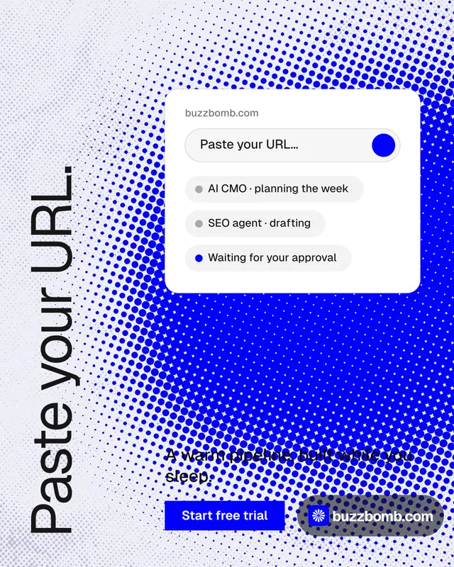 Instagram portrait post for BuzzBomb: "Paste your URL." Swiss style, vertical layout, light palette in blue, white.