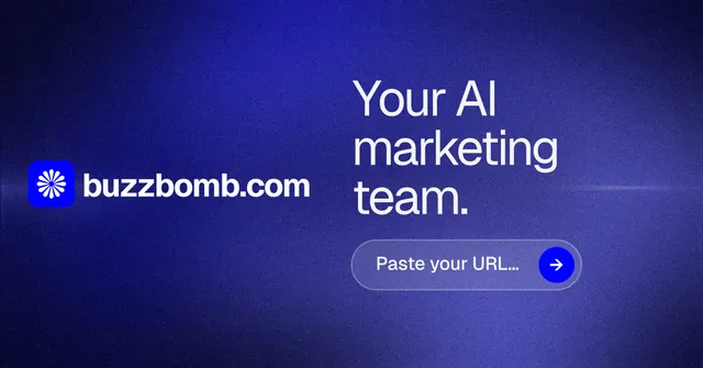 Social ad for BuzzBomb: "Your AI marketing team." Agentic glass style, logo hero layout, dark palette in blue.