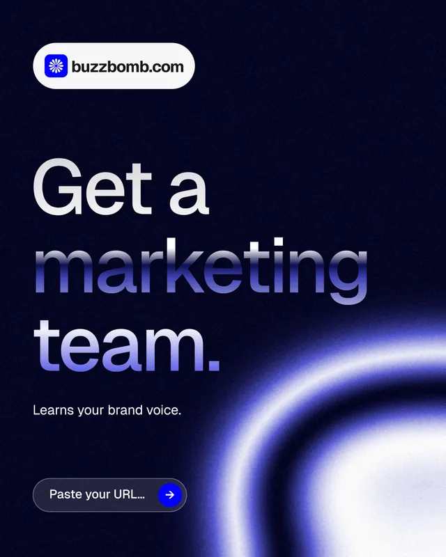 Instagram portrait post for BuzzBomb: "Get a marketing team." Agentic glass style, announce layout, dark palette in black, blue.