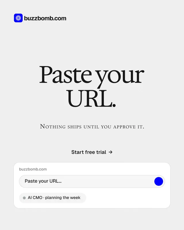 Instagram portrait post for BuzzBomb: "Paste your URL." Swiss style, smallcaps layout, light palette in white.