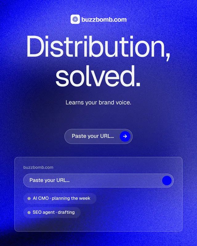 Instagram portrait post for BuzzBomb: "Distribution, solved." Agentic glass style, centred layout, dark palette in blue.