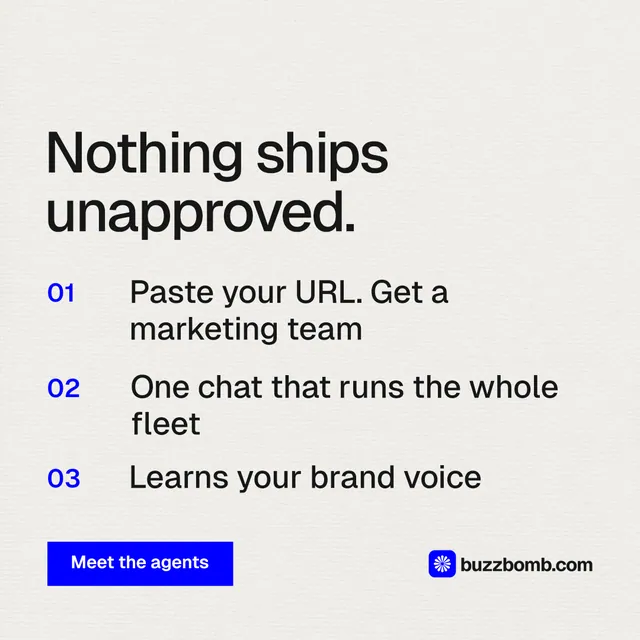 Instagram post for BuzzBomb: "Nothing ships unapproved." Swiss style, numbered layout, light palette in white, grey.