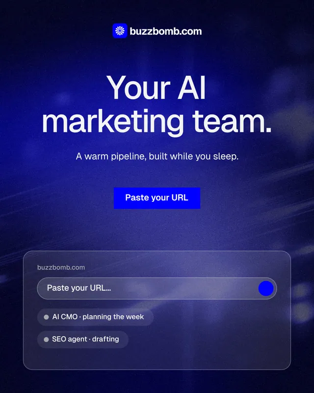 Instagram portrait post for BuzzBomb: "Your AI marketing team." Swiss style, centred layout, dark palette in black, blue.