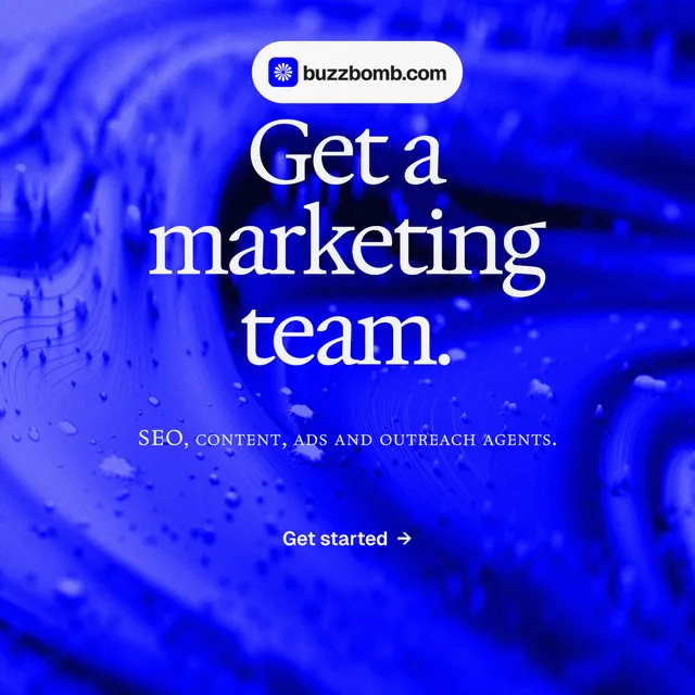 Instagram post for BuzzBomb: "Get a marketing team." Agentic glass style, smallcaps layout, dark palette in blue.