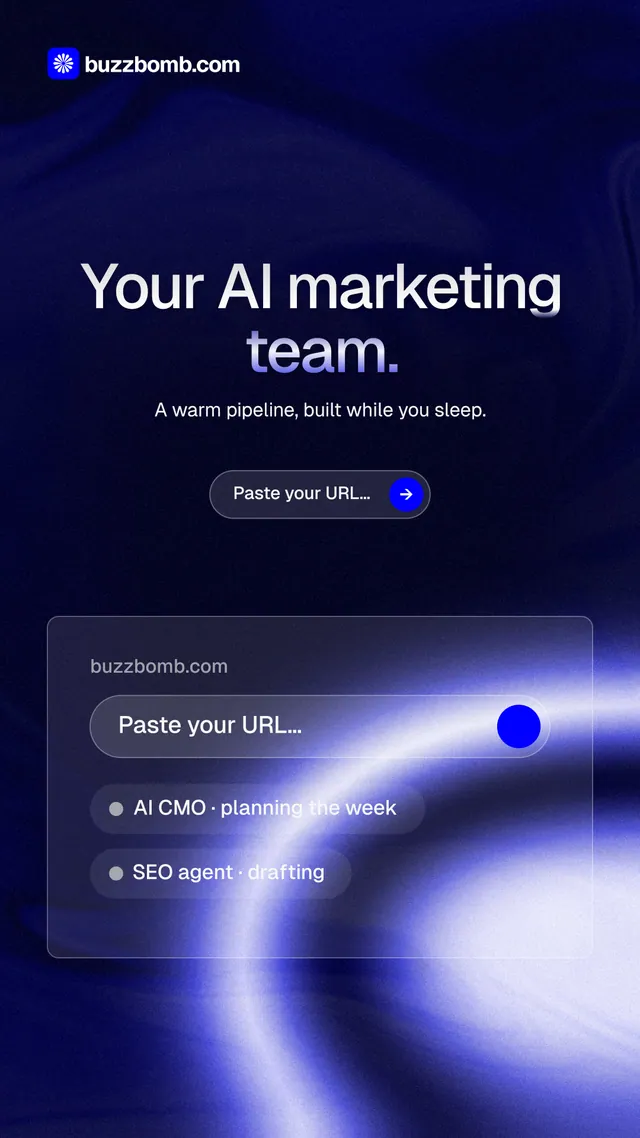 Instagram story for BuzzBomb: "Your AI marketing team." Agentic glass style, centred layout, dark palette in black, blue.