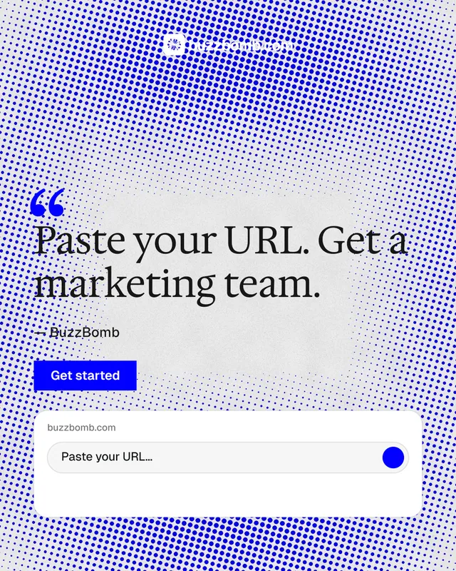 Instagram portrait post for BuzzBomb: "Seven agents. One chat." Swiss style, quote layout, light palette in blue, white.