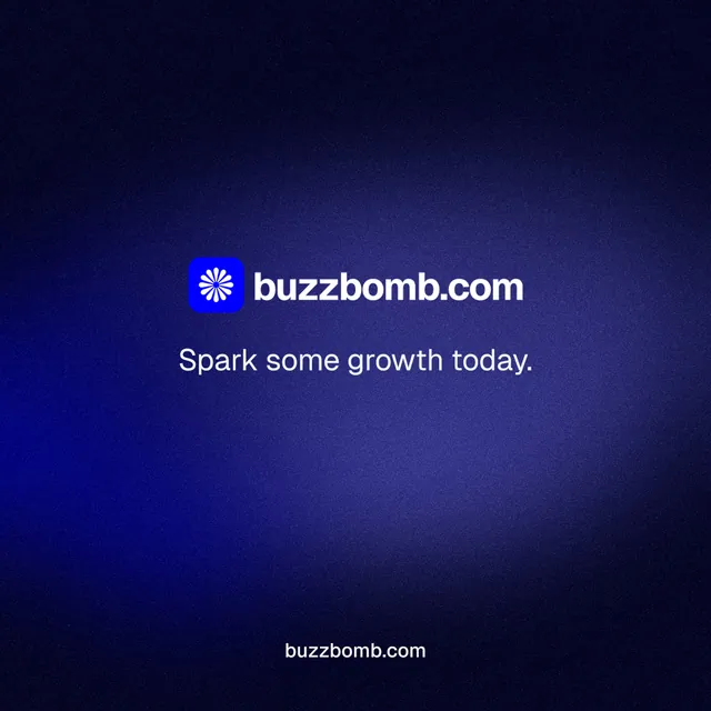 Instagram post for BuzzBomb: "Spark some growth today." Agentic glass style, end card layout, dark palette in black, blue.