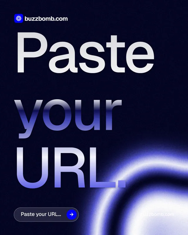 Instagram portrait post for BuzzBomb: "Paste your URL." Agentic glass style, poster layout, dark palette in black, blue.