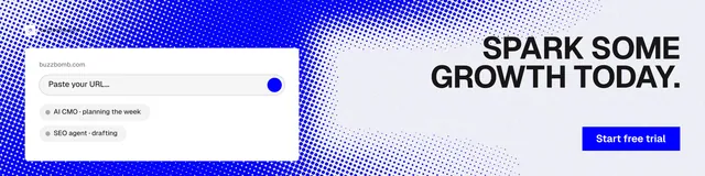 LinkedIn banner for BuzzBomb: "Spark some growth today." Swiss style, right layout, light palette in white, blue.