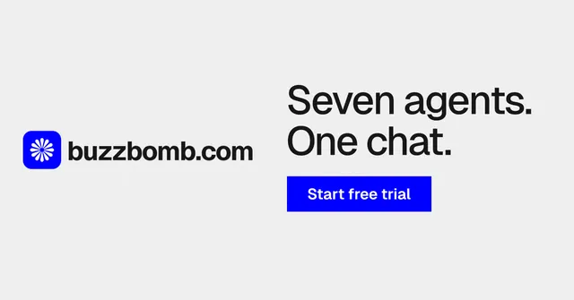 Social ad for BuzzBomb: "Seven agents. One chat." Swiss style, logo hero layout, light palette in white, blue.