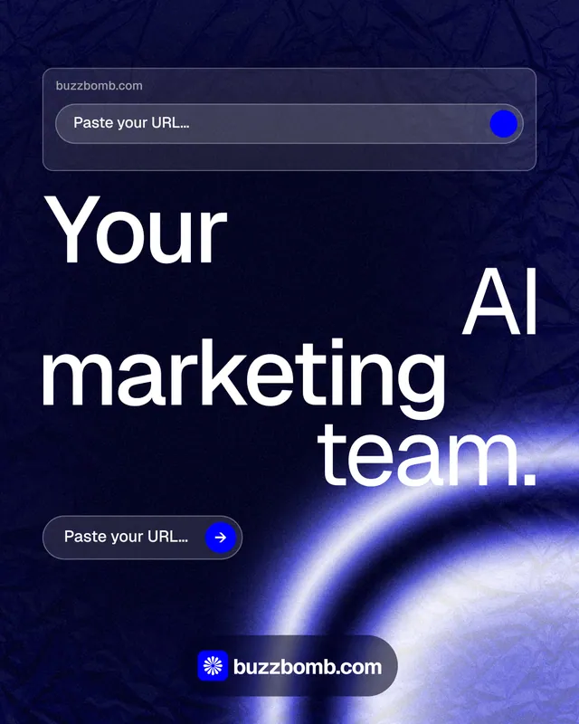 Instagram portrait post for BuzzBomb: "Your AI marketing team." Agentic glass style, stacked layout, dark palette in black, blue.