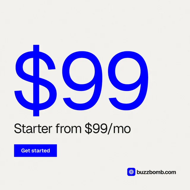 Instagram post for BuzzBomb: "Distribution, solved." Swiss style, stat layout, light palette in white, blue.