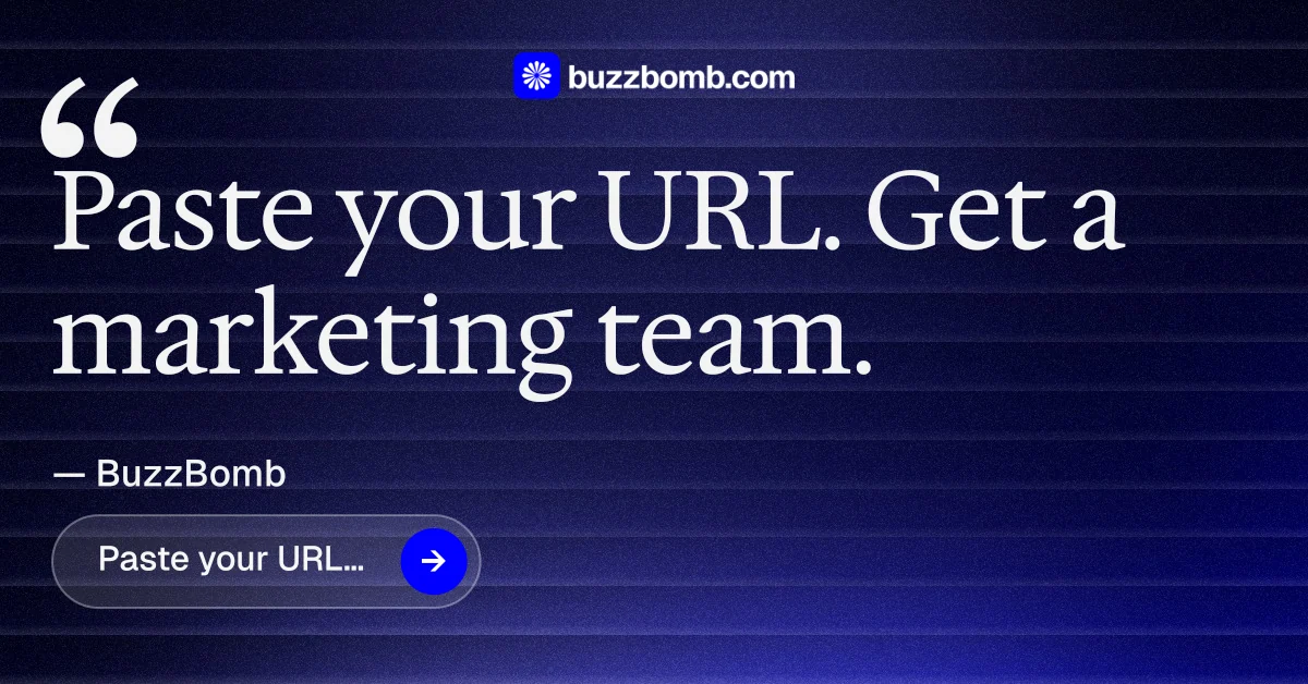 Social ad for BuzzBomb: "Get a marketing team." Agentic glass style, quote layout, dark palette in black, blue, grey.