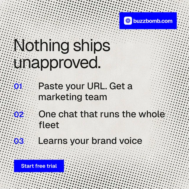 Instagram post for BuzzBomb: "Nothing ships unapproved." Swiss style, numbered layout, light palette in grey, white, blue.