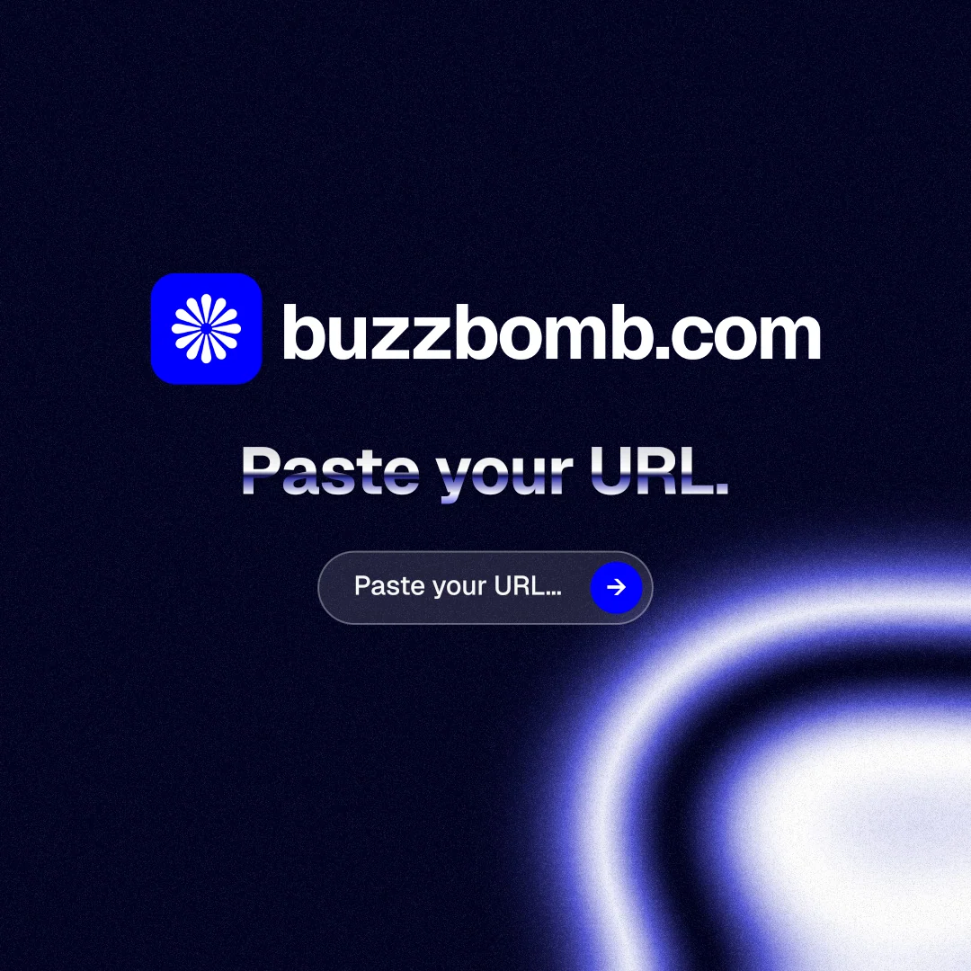 Instagram post for BuzzBomb: "Paste your URL." Agentic glass style, logo hero layout, dark palette in black, blue.