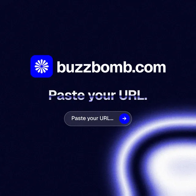 Instagram post for BuzzBomb: "Paste your URL." Agentic glass style, logo hero layout, dark palette in black, blue.