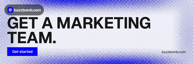 X header for BuzzBomb: "Get a marketing team." Swiss style, poster layout, light palette in blue, white.