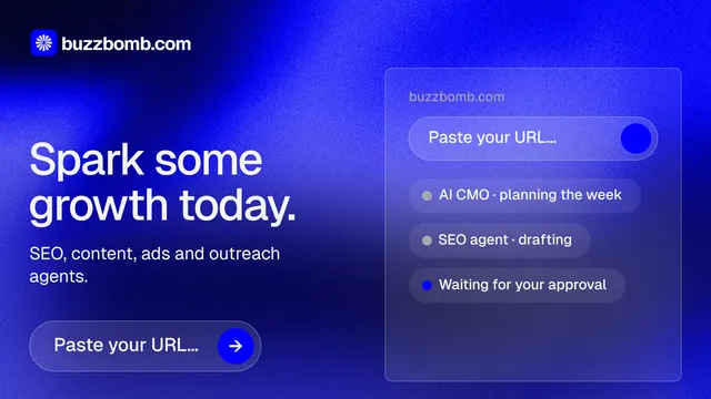 Landscape graphic for BuzzBomb: "Spark some growth today." Agentic glass style, bottom layout, dark palette in blue.