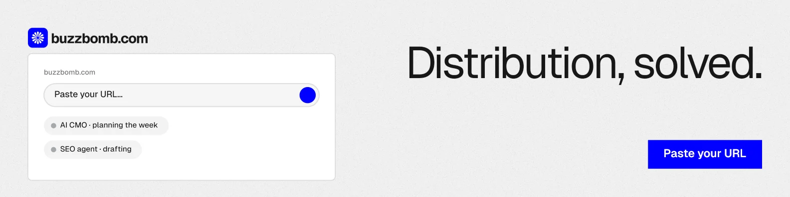 LinkedIn banner for BuzzBomb: "Distribution, solved." Swiss style, right layout, light palette in white, blue.