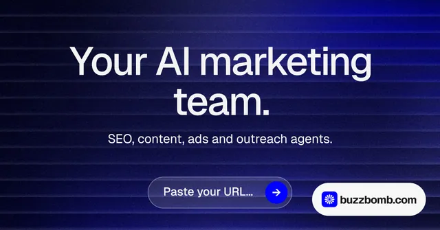 Social ad for BuzzBomb: "Your AI marketing team." Agentic glass style, centred layout, dark palette in black, blue, grey.