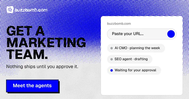 Social ad for BuzzBomb: "Get a marketing team." Brutalist style, bottom layout, light palette in blue, white.