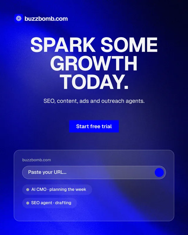 Instagram portrait post for BuzzBomb: "Spark some growth today." Swiss style, centred layout, dark palette in blue.