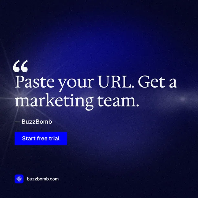 Instagram post for BuzzBomb: "Your AI marketing team." Swiss style, quote layout, dark palette in black, blue.