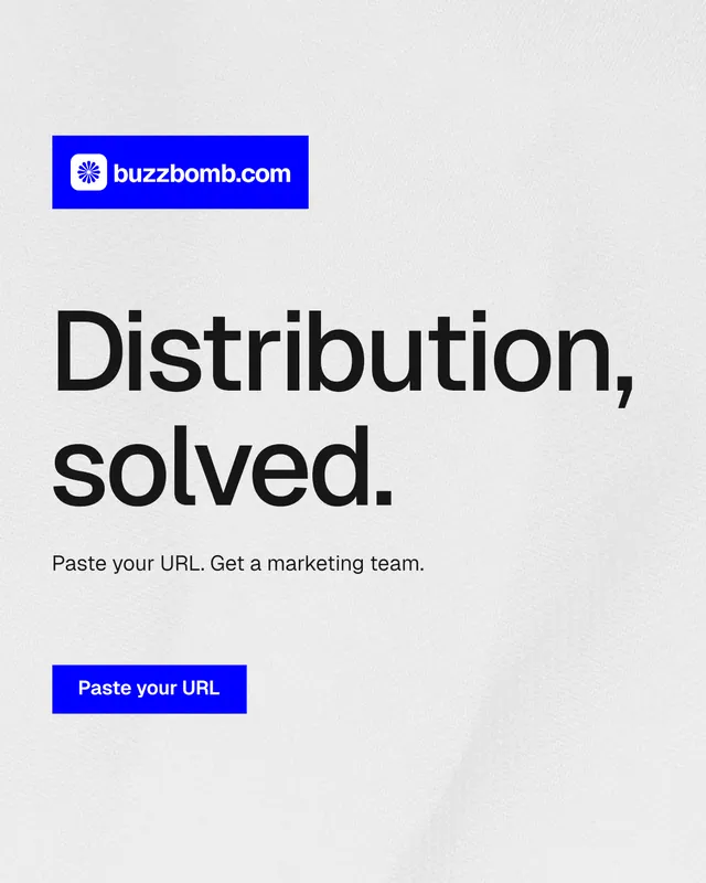 Instagram portrait post for BuzzBomb: "Distribution, solved." Swiss style, announce layout, light palette in white, blue.