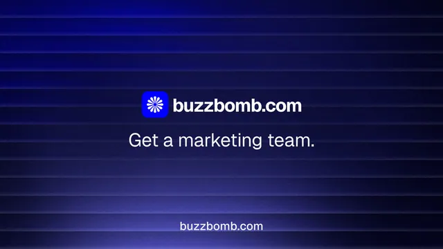 Landscape graphic for BuzzBomb: "Get a marketing team." Agentic glass style, end card layout, dark palette in blue, black.