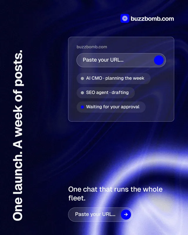Instagram portrait post for BuzzBomb: "One launch. A week of posts." Agentic glass style, vertical layout, dark palette in black, blue.