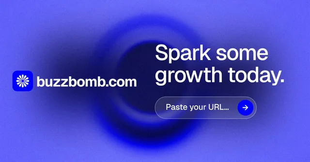 Social ad for BuzzBomb: "Spark some growth today." Agentic glass style, logo hero layout, dark palette in blue.