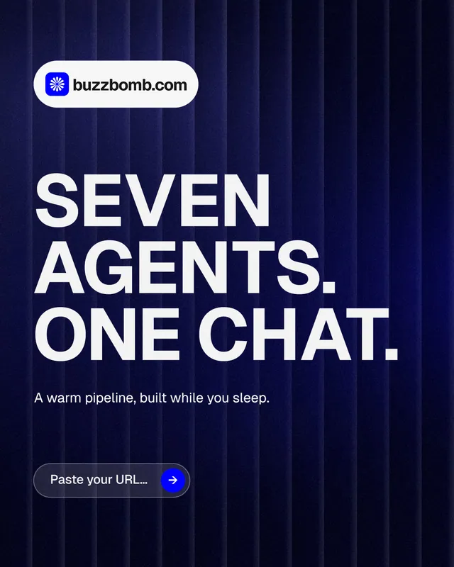 Instagram portrait post for BuzzBomb: "Seven agents. One chat." Agentic glass style, announce layout, dark palette in black, blue, grey.