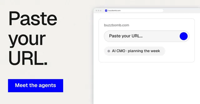 Social ad for BuzzBomb: "Paste your URL." Swiss style, browser layout, light palette in white, blue.