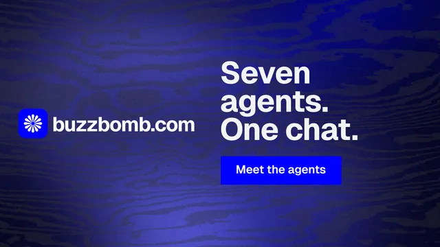 Landscape graphic for BuzzBomb: "Seven agents. One chat." Swiss style, logo hero layout, dark palette in blue.