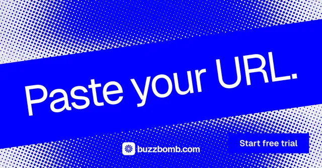 Social ad for BuzzBomb: "Paste your URL." Swiss style, diagonal layout, dark palette in blue.