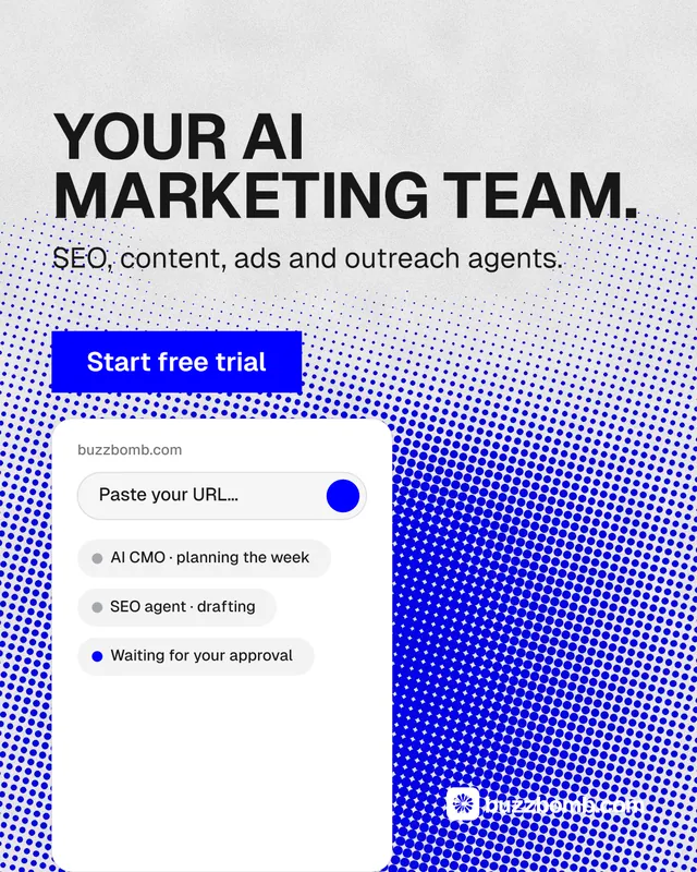 Instagram portrait post for BuzzBomb: "Your AI marketing team." Swiss style, skeleton layout, light palette in white, blue.