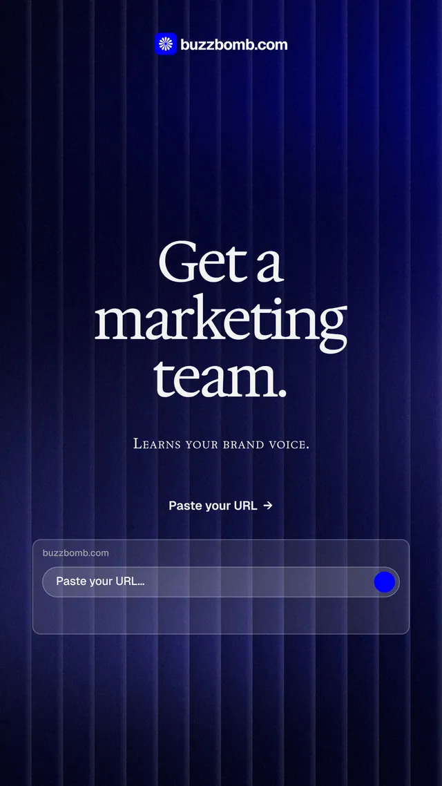Instagram story for BuzzBomb: "Get a marketing team." Agentic glass style, smallcaps layout, dark palette in black, blue.
