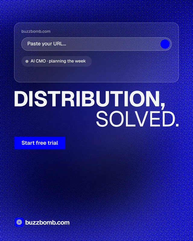 Instagram portrait post for BuzzBomb: "Distribution, solved." Swiss style, stacked layout, dark palette in blue.