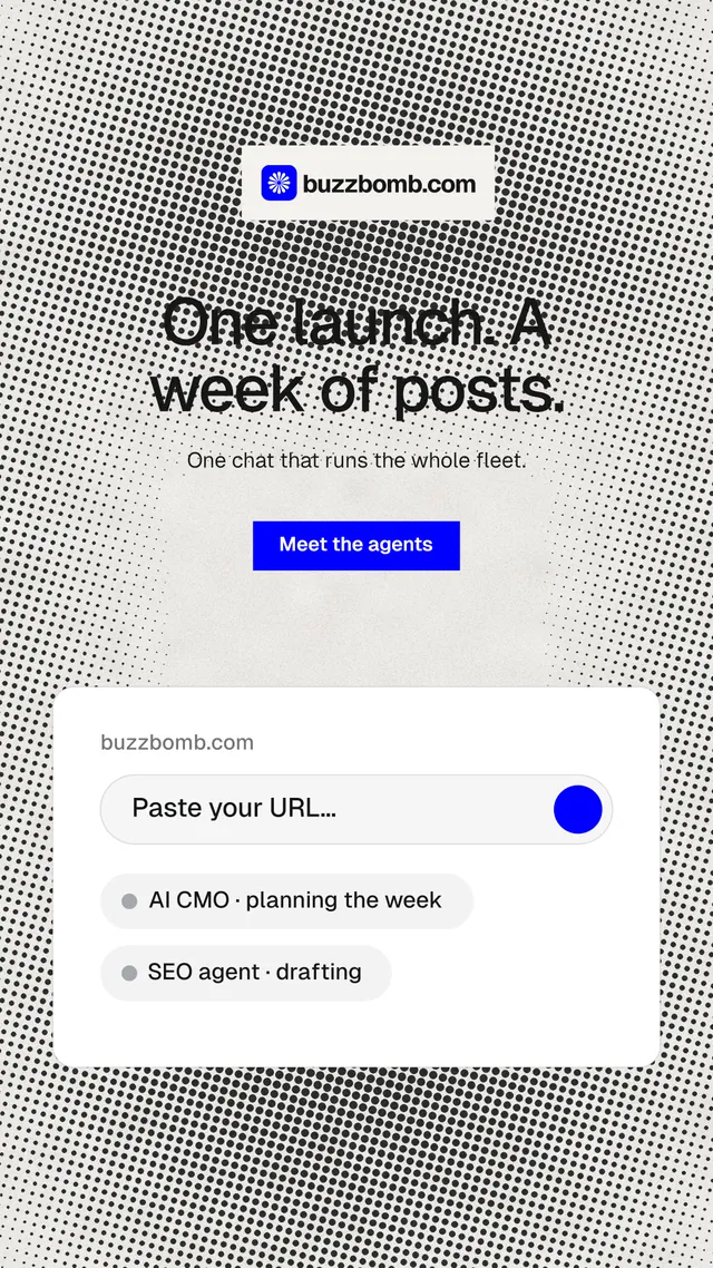 Instagram story for BuzzBomb: "One launch. A week of posts." Swiss style, centred layout, light palette in grey, white.