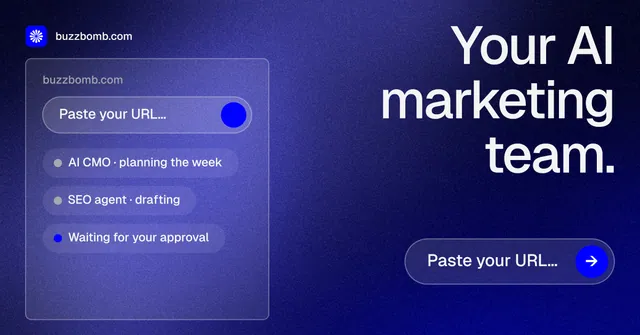 Social ad for BuzzBomb: "Your AI marketing team." Agentic glass style, right layout, dark palette in blue.
