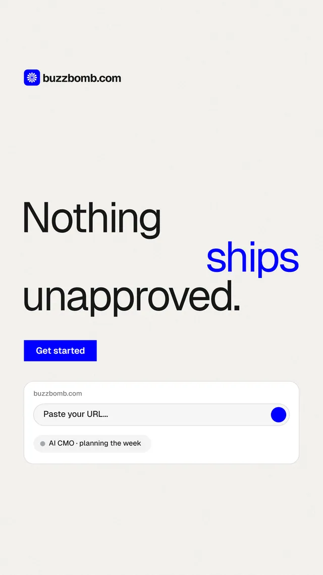 Instagram story for BuzzBomb: "Nothing ships unapproved." Swiss style, stacked layout, light palette in white.