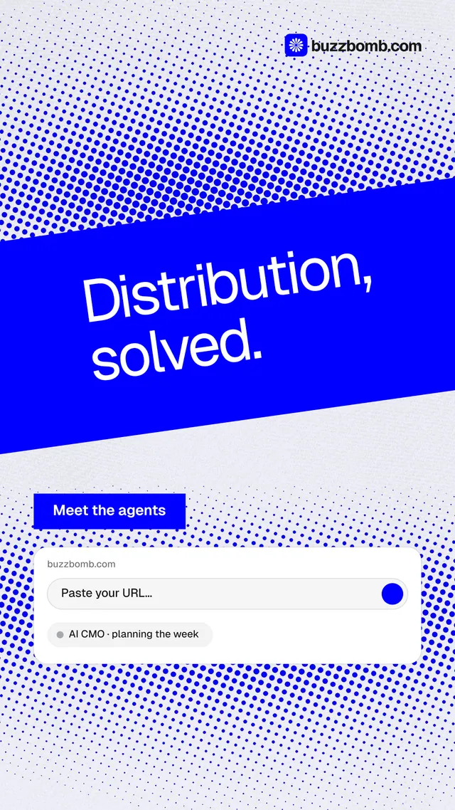 Instagram story for BuzzBomb: "Distribution, solved." Swiss style, diagonal layout, light palette in blue, white.