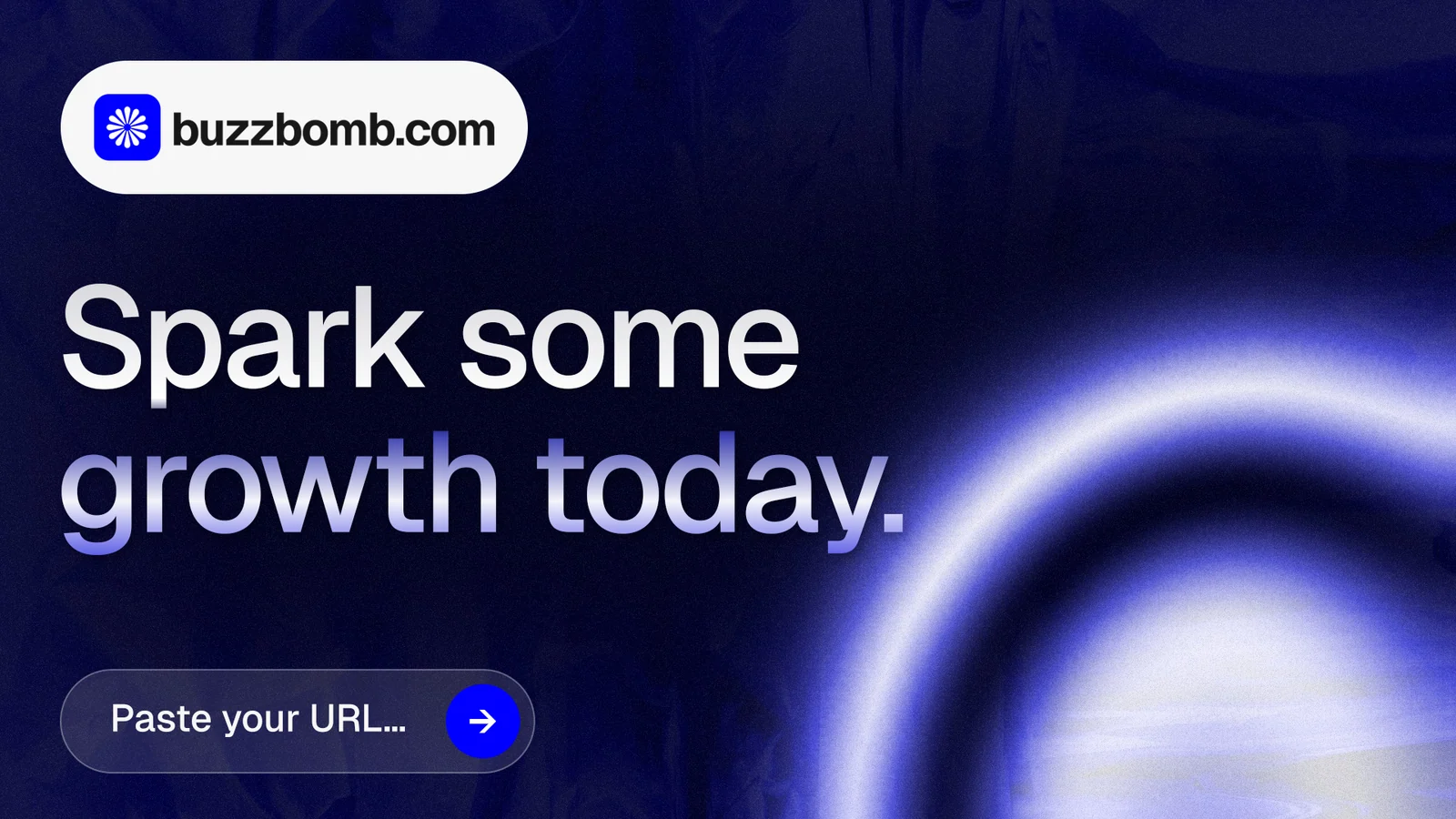 Landscape graphic for BuzzBomb: "Spark some growth today." Agentic glass style, announce layout, dark palette in blue, black.