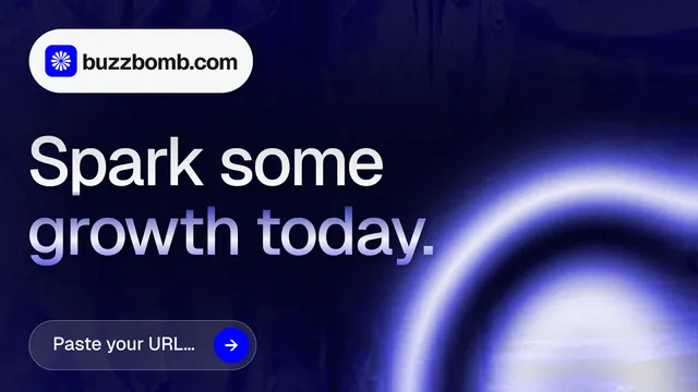 Landscape graphic for BuzzBomb: "Spark some growth today." Agentic glass style, announce layout, dark palette in blue, black.