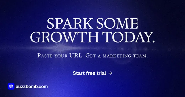 Social ad for BuzzBomb: "Spark some growth today." Swiss style, smallcaps layout, dark palette in black, blue.