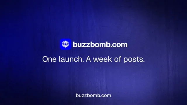 Landscape graphic for BuzzBomb: "One launch. A week of posts." Agentic glass style, end card layout, dark palette in blue.