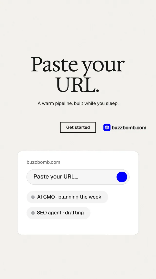 Instagram story for BuzzBomb: "Paste your URL." Editorial style, centred layout, light palette in white.