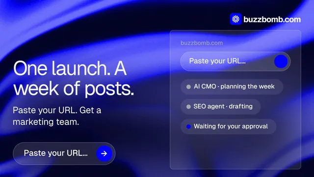 Landscape graphic for BuzzBomb: "One launch. A week of posts." Agentic glass style, bottom layout, dark palette in black, blue.
